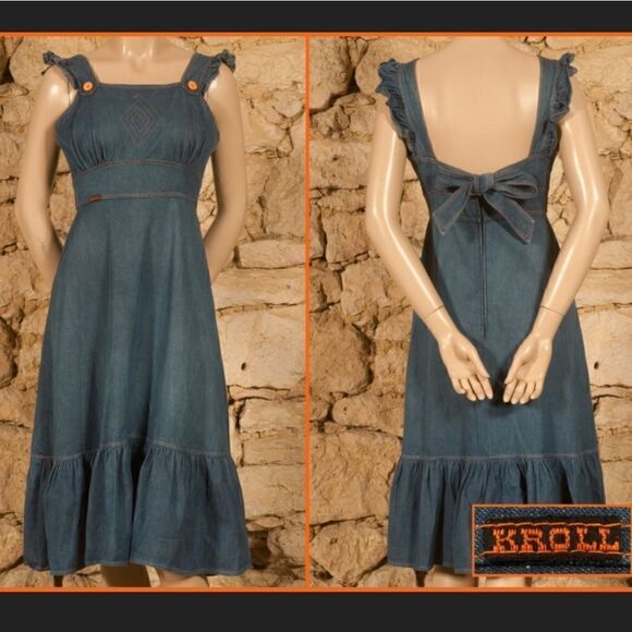 Vintage 60s/70s era Genuine French Vintage Denim Ruffle Dress Size Small - Picture 1 of 12